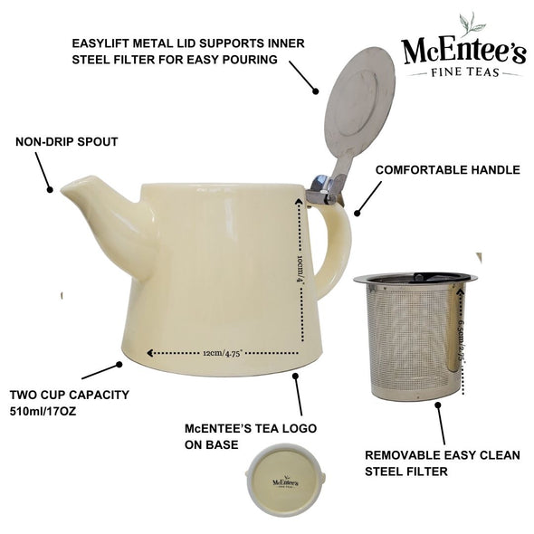 Cara crème en céramique Théière filtre à thé McEntee's Couvercle en acier inoxydable 510 ml (1-2 tasses)
