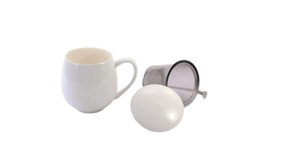 Weißer Keramikbecher mit Teesieb von McEntee's, abnehmbarem Teesieb und Deckel aus Stahl