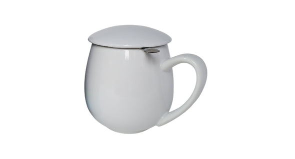 McEntee's Tea infuser ceramic white mug with removable steel infuser and lid