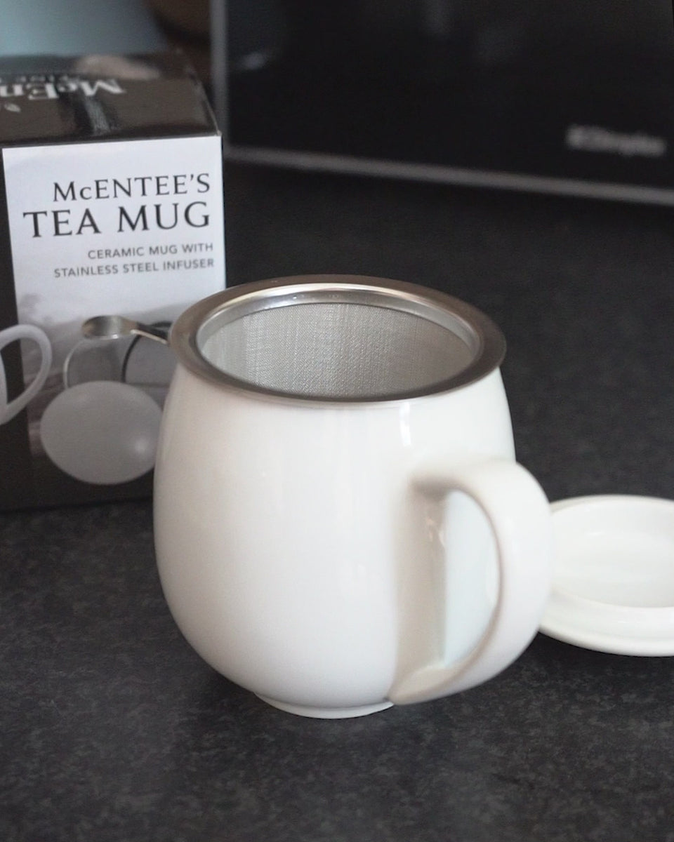 McEntee's Tea mug with filer and lid, delicious and easy tea for one.