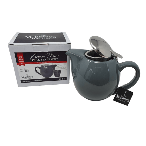 900ml Aran Mór Ceramic grey Teapot Stainless Steel Lid Teapot with removable Stainless Steel Mesh Infuser for use with loose tea - McEntee's Tea