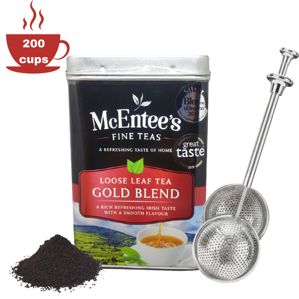 Juego de colador con mango de empuje y lata de 500 g de té de mezcla de oro irlandés - McEntee's Tea