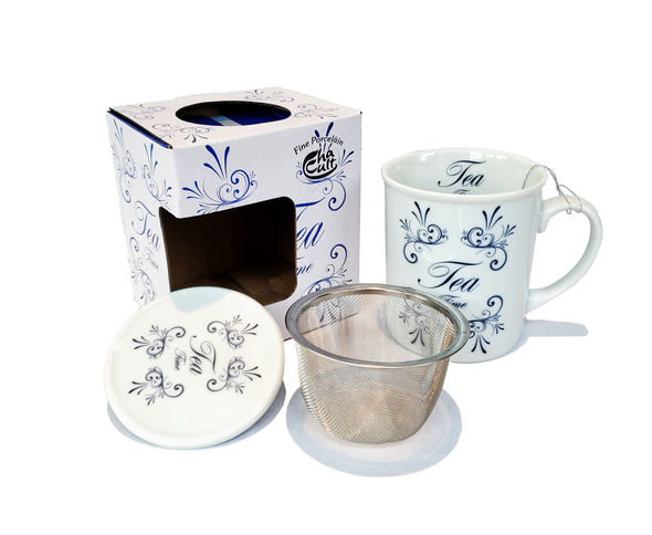 McEntee’s Tea “Time for Tea” Themed Mug With Removable Steel Filter Insert And Lid – Tea For One 