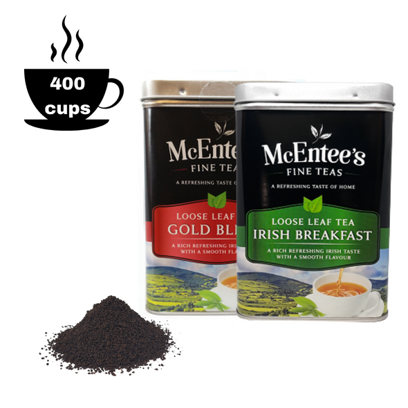 Tè per la colazione irlandese e tè con miscela d'oro Confezione regalo doppia da 500 barattoli da tè (400 tazze) - McEntee's Tea